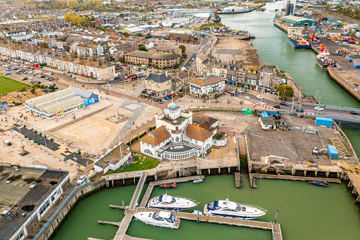 Aerial view from a drone of Lowestoft captured in October 2022, including the Royal Norfolk and Suffolk Yacht Club.