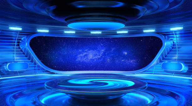 Futuristic spaceship interior with a window view of space and stars. Interstellar Travel in a Spaceship. Sci-fi fantasy space ship or station. Science background fiction. 3d rendering illustration interior de la nave espacial futurista con una vista de ventana del espacio y las estrellas. viaje interestelar en una nave espacial. nave o estación espacial de fantasía de ciencia ficción. ficción de fondo científico. ilustración de renderizado 3d