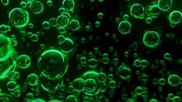 istock Underwater bubbles. Abstract green bubble background. Distribution of bubbles. Nice 3d spheres with reflection. Macro shot of various air bubbles in water. 3D rendering 1436699119