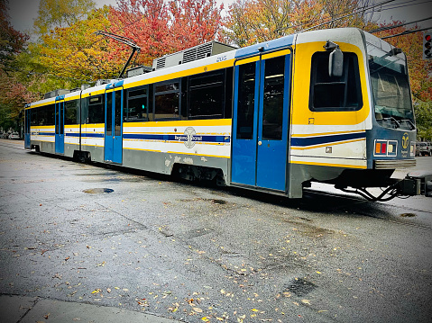 Sacramento, United States – November 09, 2021: A light-rail train in Downtown Sacramento, USA