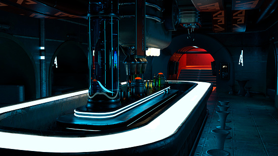 3D rendering of a science fiction bar interior