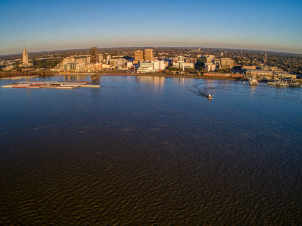 Aerial view of Baton Rouge, the Capitol of the American State of Louisiana at sunset An aerial view of Baton Rouge, the Capitol of the American State of Louisiana at sunset baton rouge stock pictures, royalty-free photos & images