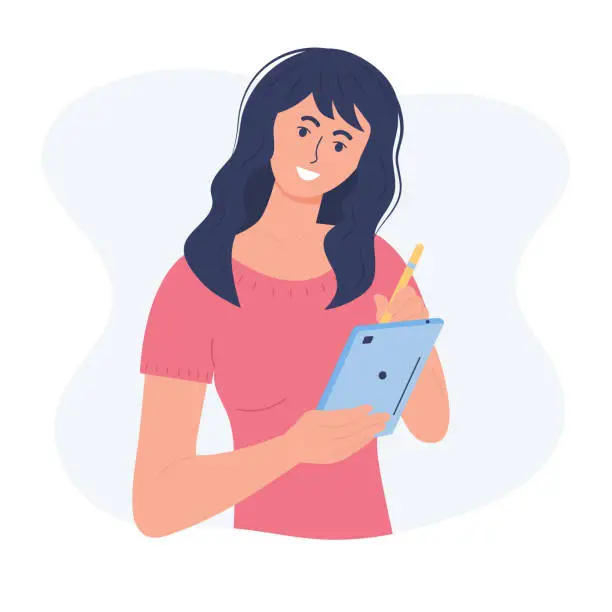 Vector illustration of Woman with tablet. Female character writing with a digital pencil on a tablet. Girl graphic designer, illustrator, digital artist or freelancer drawing with a stylus pen on a tablet.