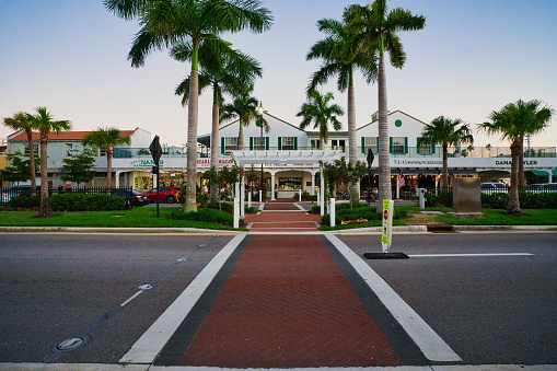 Venice, United States – May 07, 2021: The shops in historic Venice downtown along the Venice Ave in Venice, FL, USA