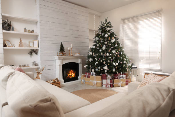 istock Festive living room interior with beautiful Christmas tree 1436710336