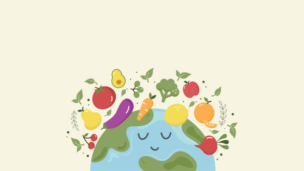 illustrazioni stock, clip art, cartoni animati e icone di tendenza di banner per la giornata del veganismo. sfondo orizzontale con pianeta terra e verdure, frutta intorno. il concetto di corretta alimentazione sana. vettore - carrot seamless food vegetable