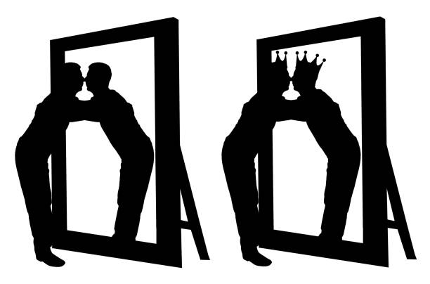 ilustrações de stock, clip art, desenhos animados e ícones de silhouette vector of a narcissistic man hugging his reflection in the mirror - mirror reflection men individuality