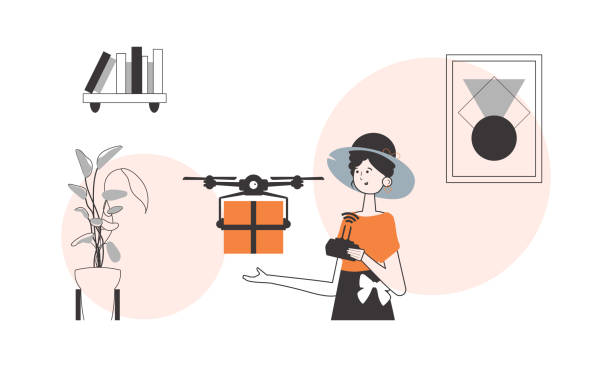 illustrazioni stock, clip art, cartoni animati e icone di tendenza di la ragazza invia un pacco con un drone. il concetto di consegna del carico per via aerea. stile lineare. - helicopter air vehicle business cargo container