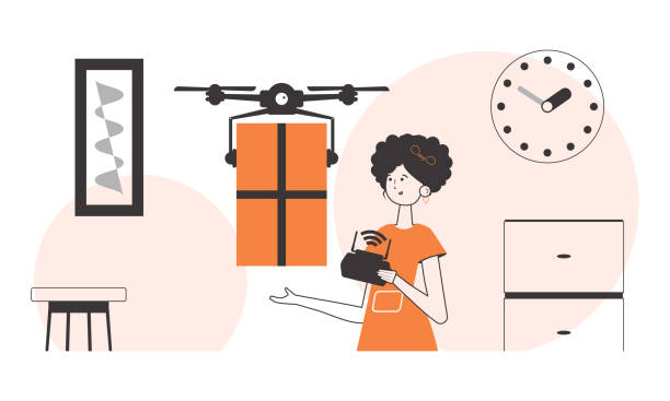 illustrazioni stock, clip art, cartoni animati e icone di tendenza di la ragazza invia un pacco con un drone. concetto di consegna dell'aria. stile lineare di tendenza. - one person adult air vehicle commercial airplane