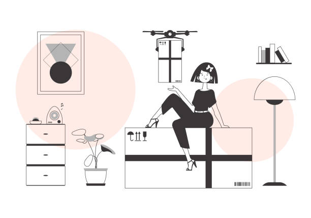 ilustrações, clipart, desenhos animados e ícones de a garota envia um pacote com um drone. o conceito de entrega de carga por via aérea. estilo linear da moda. - helicopter air vehicle business cargo container
