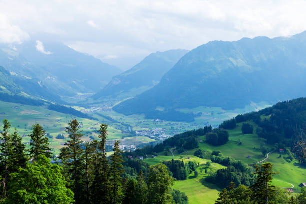 istock Panoramic view of countryside, green alpine meadows and mountains 1436715554