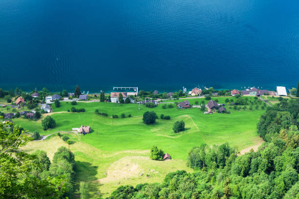 istock Panoramic view of lake, green alpine meadows and mountains 1436716207