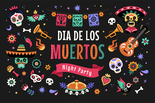 Vector flat cartoon illustration with sugar skulls, guitar, paper cuttings, hearts, and other Mexican festive symbols, surrounded by flowers. Black background