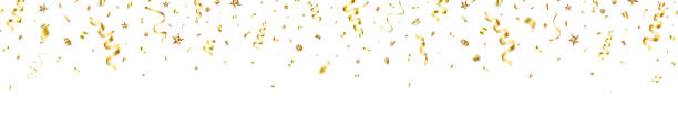 istock Gold confetti with glitter stars banner. Christmas Holiday frame. Anniversary celebration background. Falling shiny golden confetti. Luxury festive tinsel. Birthday party backdrop. Vector illustration 1436721575