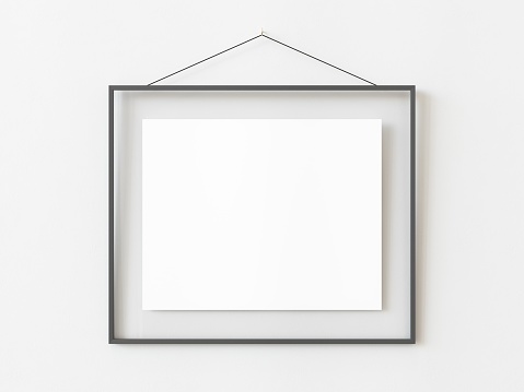 One grey rectangular horizontal frame hanging on a white textured wall mockup, Flat lay, top view, 3D illustration
