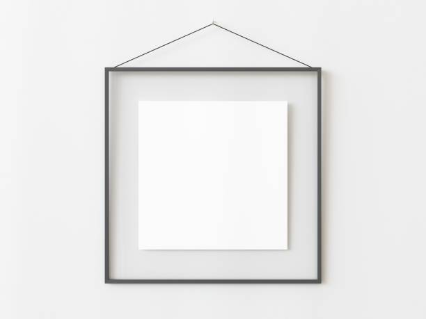istock One grey squared frame hanging on a white textured wall mockup, Flat lay, top view, 3D illustration 1436723433