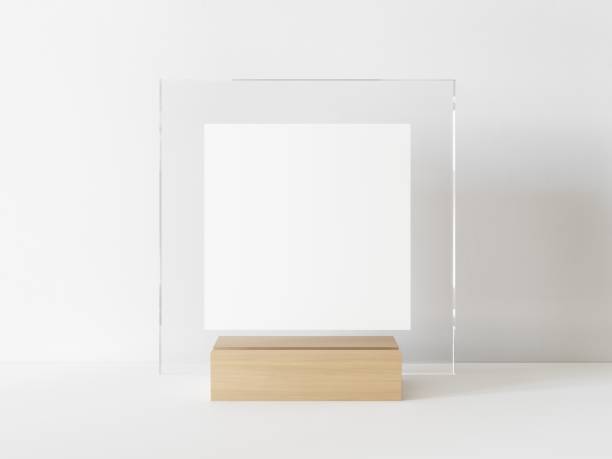 istock Square white menu with transparent frame on a light wood stand. Card display promotion and information for customer, picture stand,sign holder and photo frame template. 3D illustration 1436723460