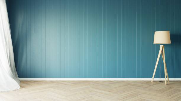 istock Classic style empty blue room with wood floor window sun light effect with lamp against the wall on the right and white sheer curtain on the left. 3D illustration. 1436723556