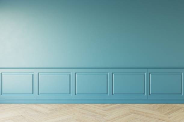 istock Classic style empty blue room with wood laminate floor and classic wall pannels, window sun light effect, Perspective of  home interior illumination, 3D illustration 1436723572