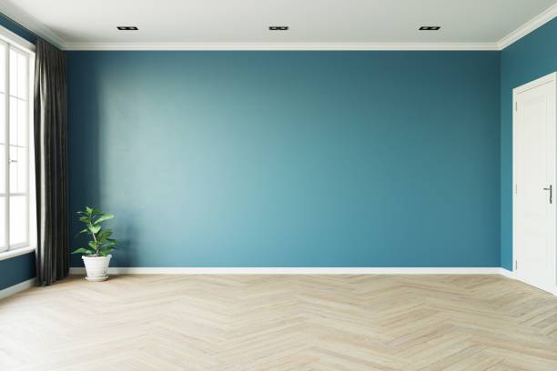 istock Modern style empty blue room with wood laminate floor window sun light effect with a green plant next to a dark luxurious curtain on the left and white door on the right. 3d illustration. 1436723605