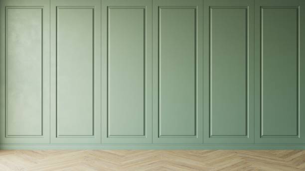 istock Classic style empty green room with wooden floor and classic wall pannels and a small ceramic vase with green plant against the wall. Perspective of  home interior. 3d illustration. 1436723675