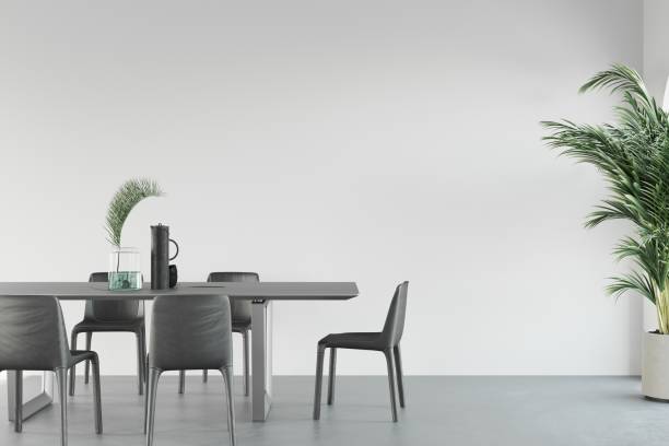 istock Fine dining table setup for six with minimalist decor and a palm tree in theright corner, 3D illustration 1436724164