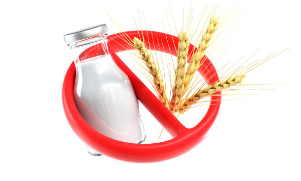 Lactose and Gluten Free food illustration with red "no" symbol. Milk Bottle and Wheat ears. Isolated on white. Original 3D render. lactose fermentation stock pictures, royalty-free photos & images