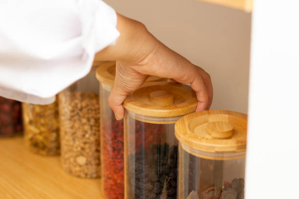 istock Traditional Chinese herbal medicine ingredients with not real hieroglyphs 1436726209