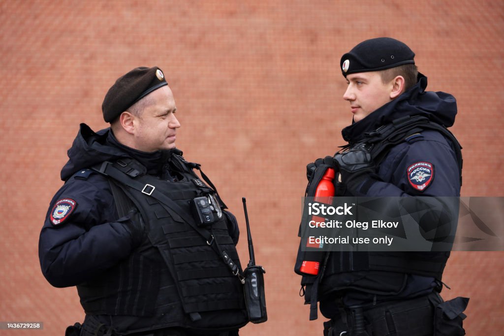 Russian Police Officers Of Special Forces In Bulletproof Vests Stock