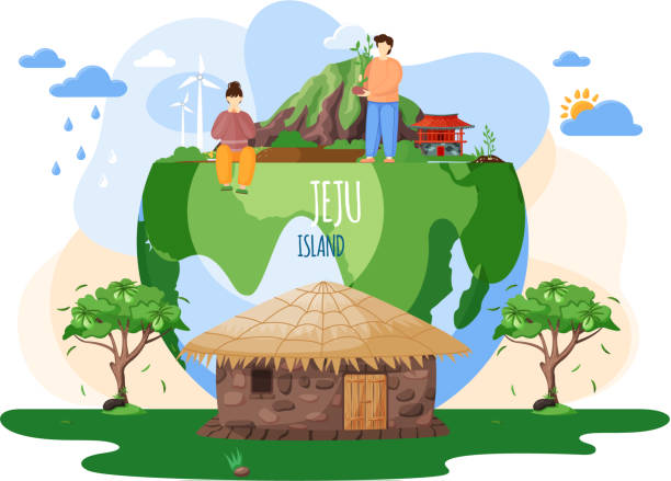 illustrazioni stock, clip art, cartoni animati e icone di tendenza di wellcom all'isola di jeju in corea del sud, elementi tradizionali. luoghi d'interesse di jeju - luogo dinteresse nazionale