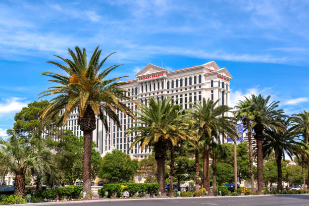 The iconic Caesar's Palace luxury hotel and casino on the Strip, Las Vegas, Nevada, surrounded by lush palm trees. stock photo