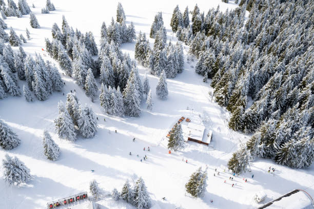 país de las maravillas invernales en la estación de esquí de pamporovo, bulgaria. vista aérea de montañas cubiertas de nieve, turistas irreconocibles esquiando en laderas. vacaciones de navidad, vacaciones de invierno, destino de viaje - snowboard non urban scene woods snowboarding fotografías e imágenes de stock