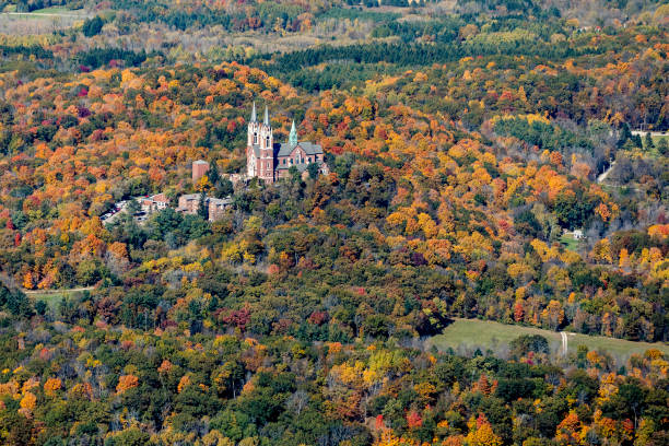 Aerial photo of Holy Hill in the  fall stock photo