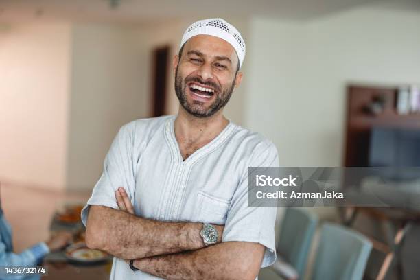 Close Up Portrait Of Middle Eastern Middle Age Male Laughing Stock Photo - Download Image Now