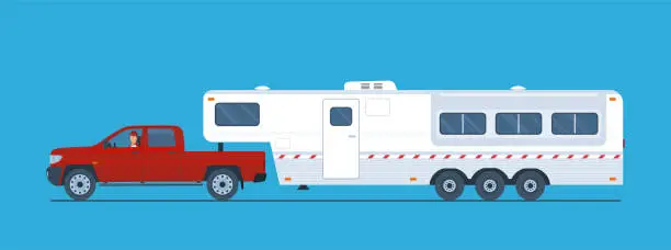 Vector illustration of Pickup truck with a large caravan trailer and a male driver isolated.