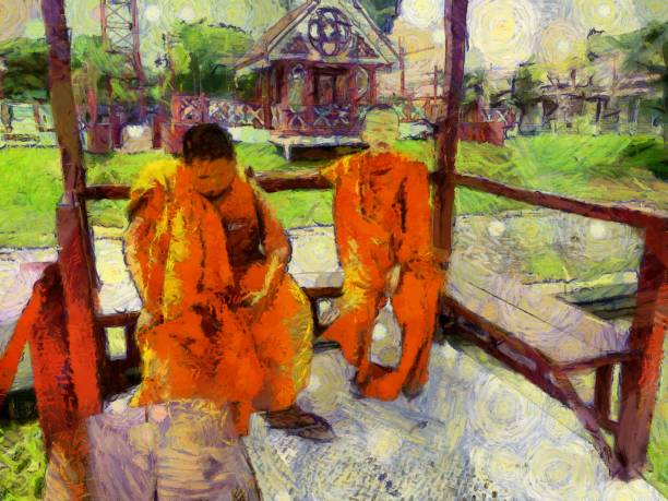 istock Buddhist child priest Illustrations creates an impressionist style of painting. 1436735032