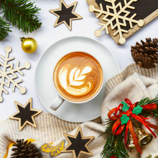 istock Christmas background with coffee cup, festive decorations, Christmas poster, website, greeting, coffee banner, Christmas and New Year banner design. Pictures for decorating a coffee shop on Christmas day 1436735141