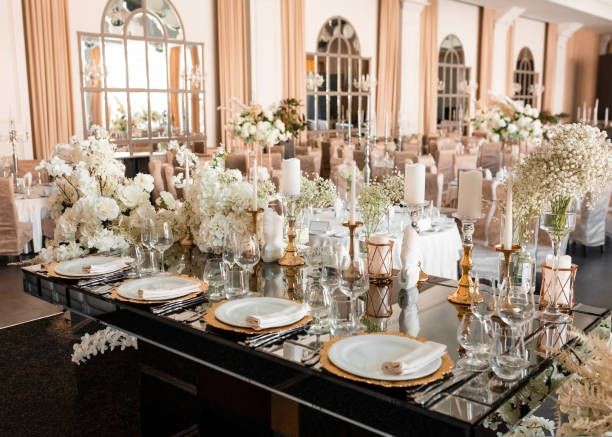 istock Main table for newlyweds. Luxury decor in expensive tones arrangement. 1436735375