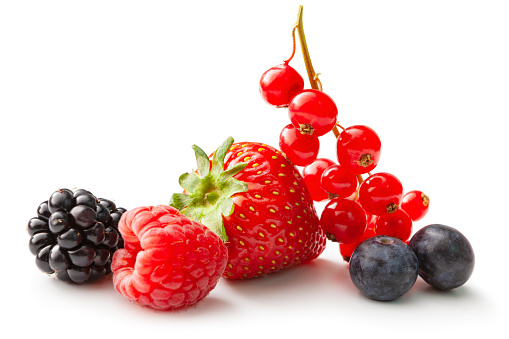 Fruit: Strawberry, Raspberry, Blueberry, Blackberry and Red Currant Isolated on White Background