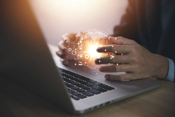 istock Businessman using a laptop Big Data Digital Link Technology Show global success online internet network connection application concept of business and marketing Finance and Banking 1436738590