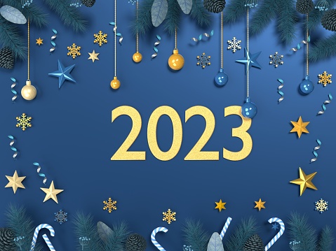 2023 Christmas, New Year or Chinese new year greeting card background with ornaments, candy, and stars against blue background. New year, Christmas and Chinese New Year concept. Easy to crop for all your social media or print sizes.
