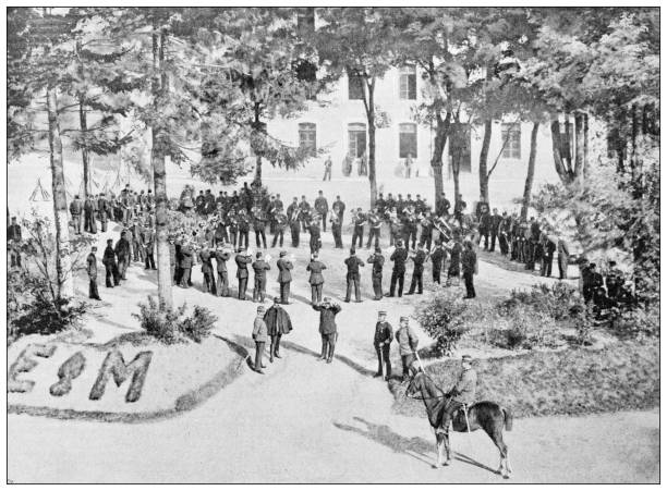 Antique image: Military training at Ecole de Sainte Maixent Antique image: Military training at Ecole de Sainte Maixent ecole stock illustrations