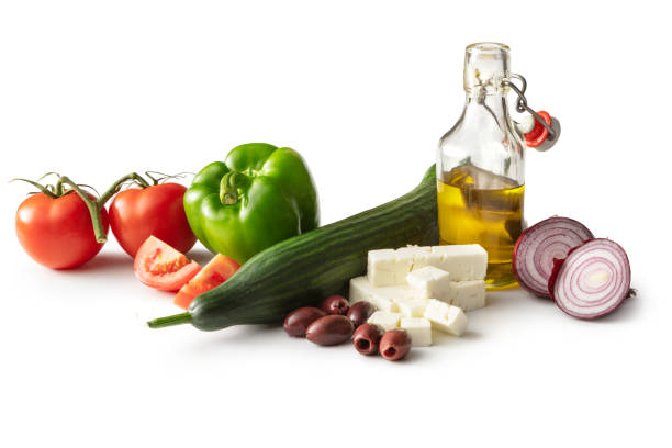 Salads: Ingredients for Greek Salad Isolated on White Background
