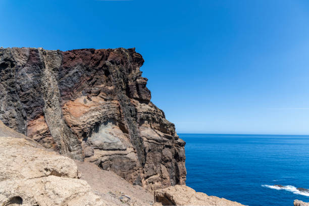 High cliff wall and a clear skyline above the water, eastern part of Madeira.