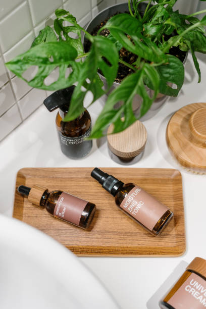 istock Natural cosmetic products lying on countertop in bathroom 1436740896