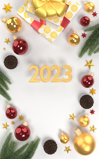 2023 Christmas, New Year or Chinese new year greeting card background with ornaments, candy, and stars against white background. New year, Christmas and Chinese New Year concept. Easy to crop for all your social media or print sizes.