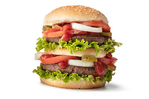 Snacks: Double Hamburger Isolated on White Background