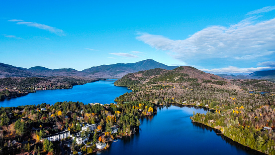 A photo over Lake Placid, New York, showing Mirror Lake, Lake Placid, and Whiteface Mountain
