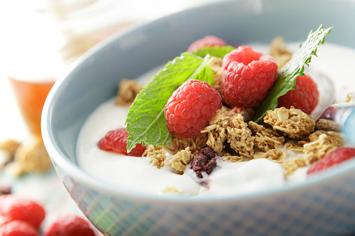 Granola with Raspberries and Mint Still Life. More breakfast photos can be found in my portfolio! Please have a look.