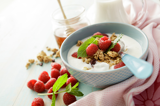Granola with Raspberries and Mint Still Life. More breakfast photos can be found in my portfolio! Please have a look.